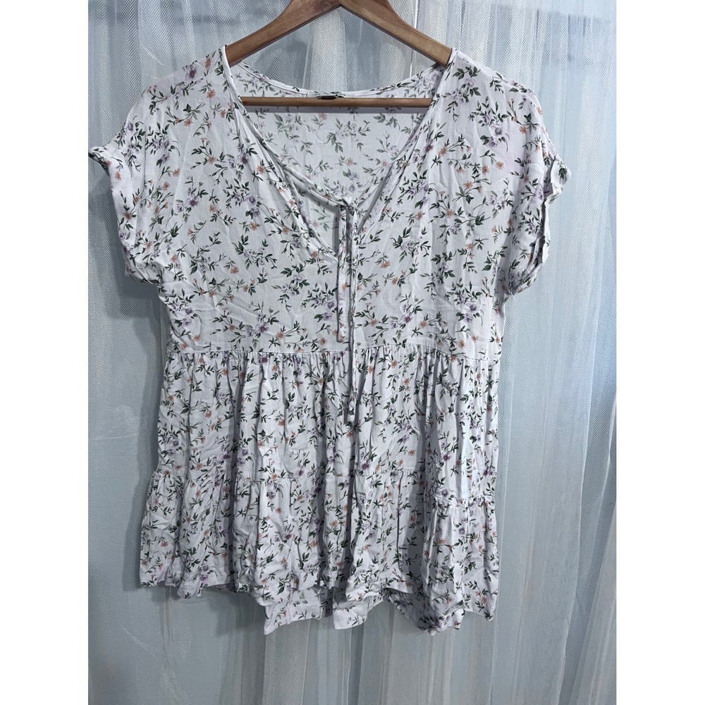 American Eagle Floral Babydoll Top White Purple Orange V-Neck Tie Front Small